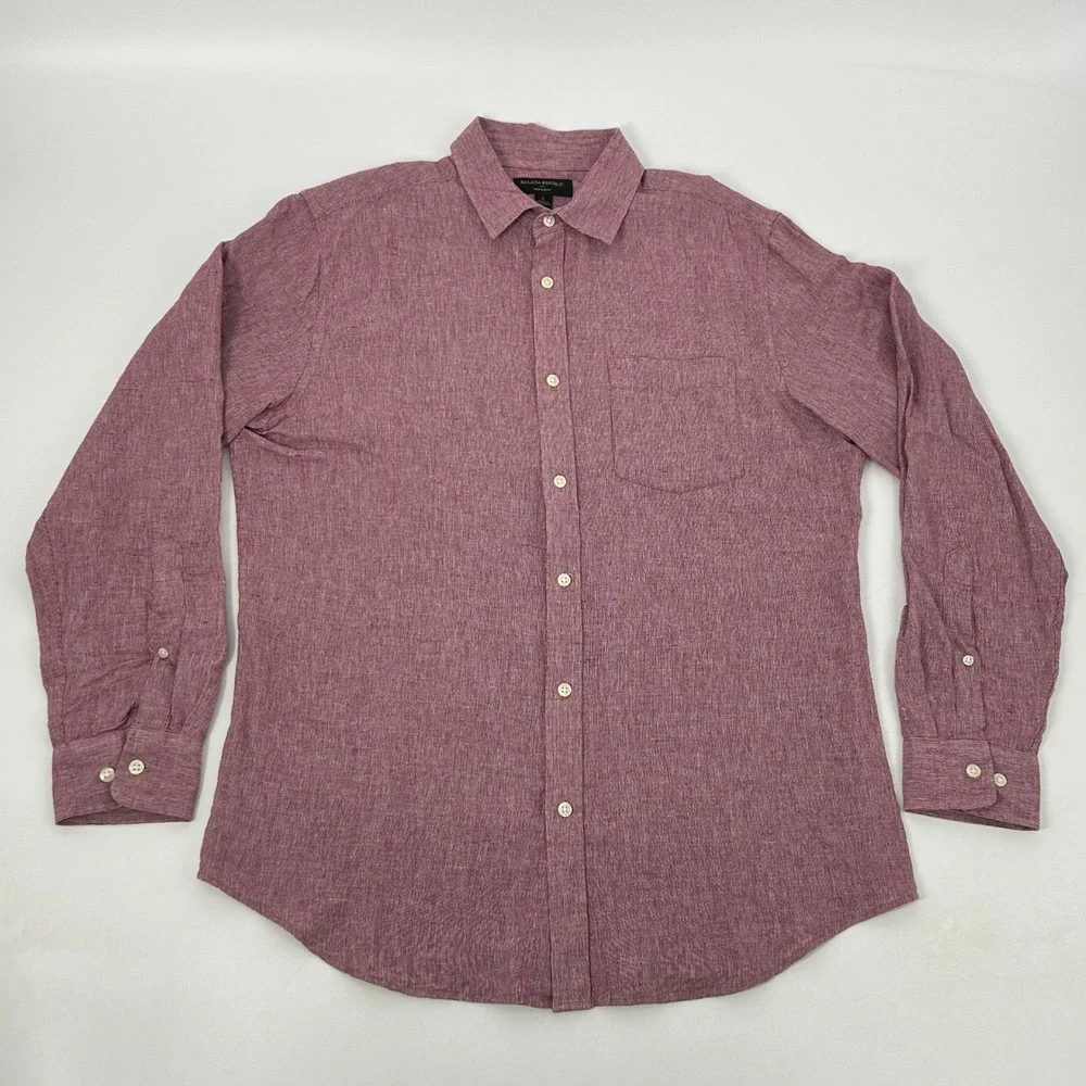 Banana Republic Shirt Men Large Red Linen Cotton Slim Fit Long Sleeve‎ Button Up